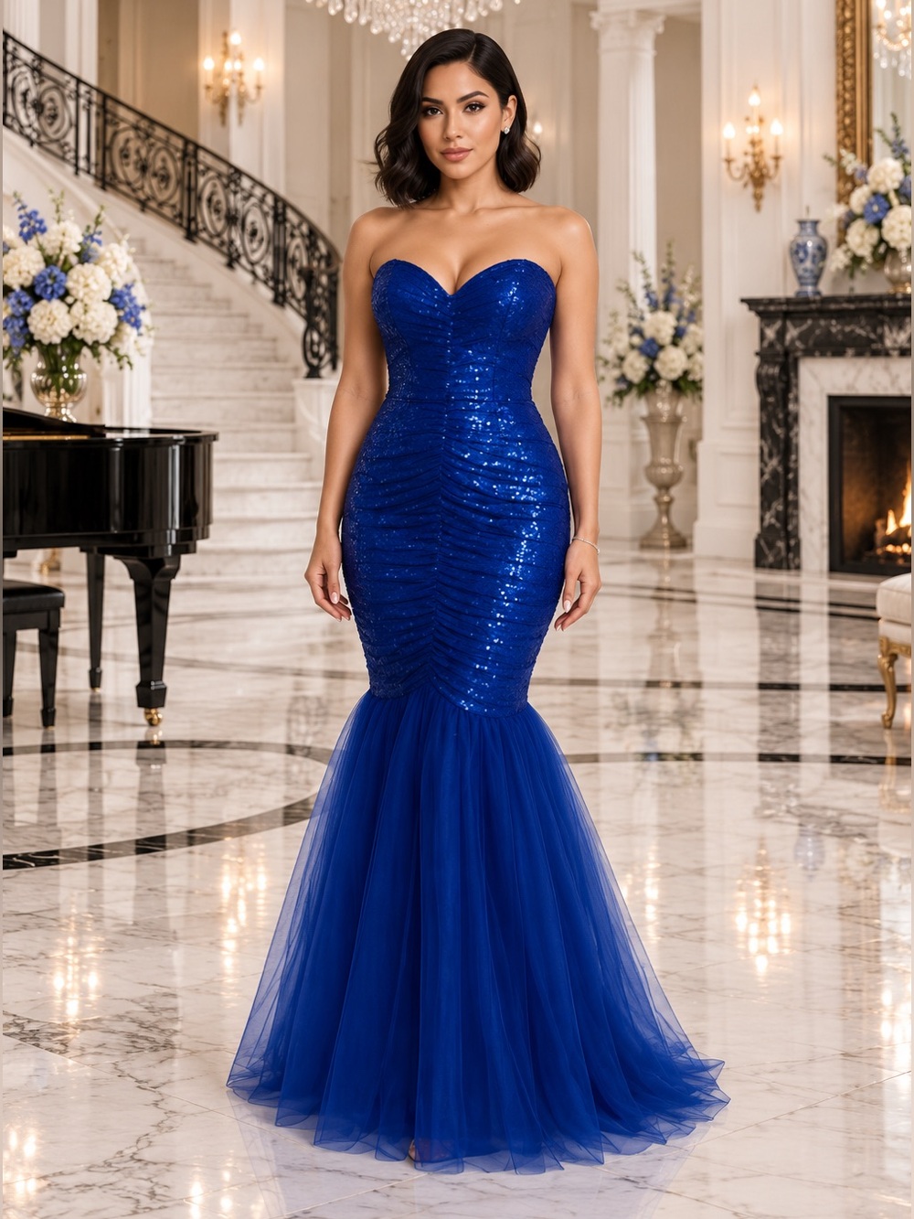 NWOT Royal Blue Sequin Mermaid Gown Strapless Tulle Hem Military Gala Sz XL